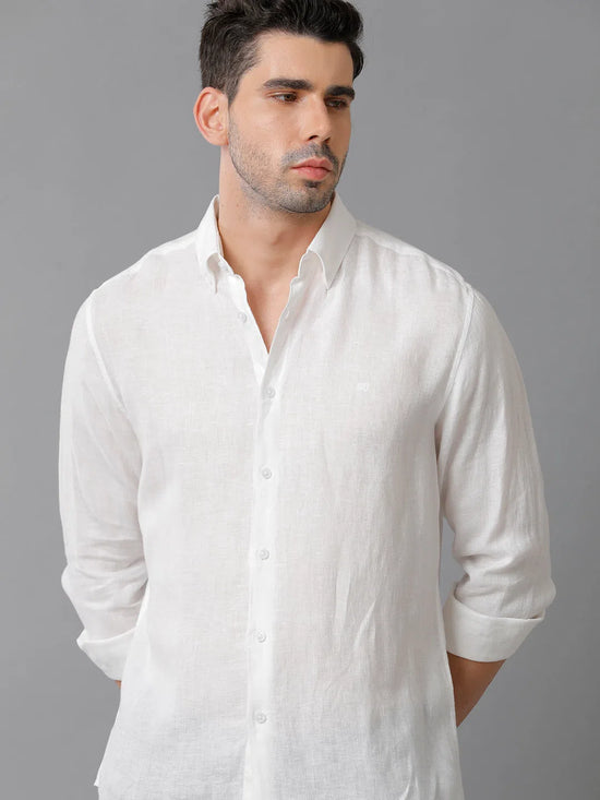 Mens Regular Fit Solid White Casual Linen Shirt-LITE-S