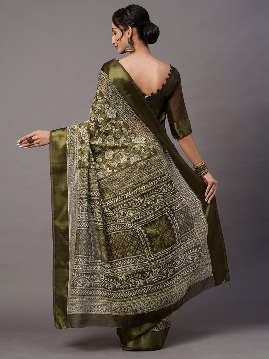 Saree Mall Women's Cotton Blend Olive Printed Designer Saree With Blouse Piece-LNSTN156B