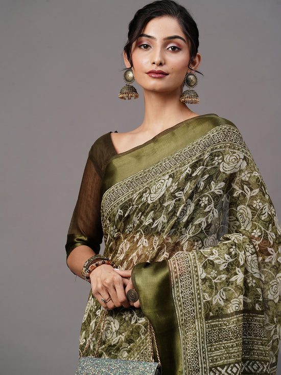 Saree Mall Women's Cotton Blend Olive Printed Designer Saree With Blouse Piece-LNSTN156B