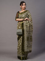 Saree Mall Women's Cotton Blend Olive Printed Designer Saree With Blouse Piece-LNSTN156B