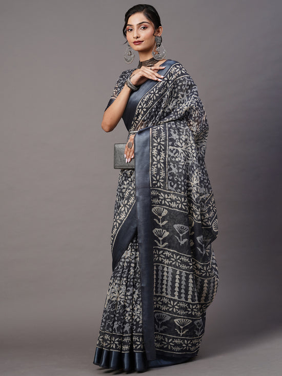 Saree Mall Women's Cotton Blend Grey Printed Designer Saree With Blouse Piece-LNSTN160B