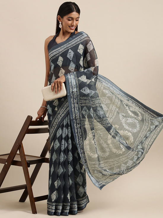 Saree Mall Women's Cotton Blend Grey Printed Celebrity Saree With Blouse Piece-LNSTN162B