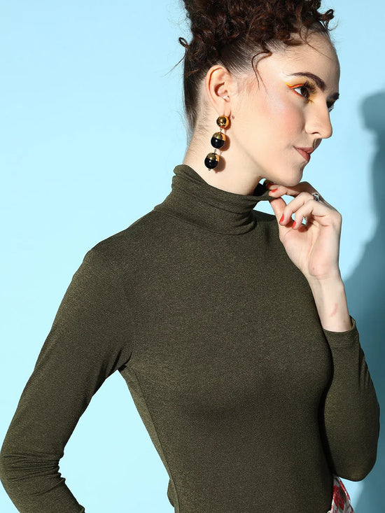 Veni Vidi Vici Olive High Neck Full Sleeve Bodycon Top