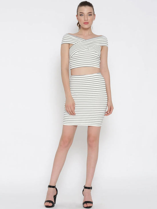 White Striped Bandage Bardot Bodycon Co-Ordinate Dress