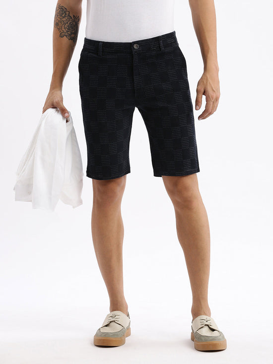 Men Geometric Navy Blue Denim Shorts-LS-925-11-Navyblue