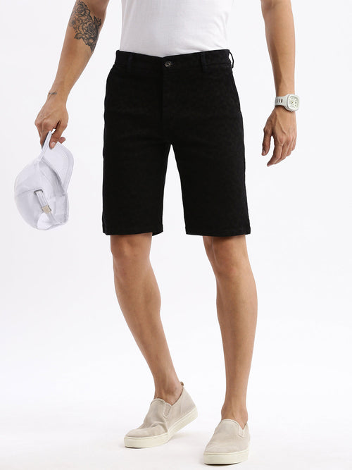 Men Geometric Black Denim Shorts-LS-925-16-Black