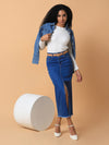 Women Solid Blue Straight Maxi Denim Skirt with Belt-LT-10689-Blue