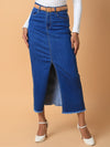 Women Solid Blue Straight Maxi Denim Skirt with Belt-LT-10689-Blue