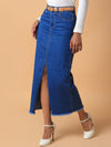 Women Solid Blue Straight Maxi Denim Skirt with Belt-LT-10689-Blue