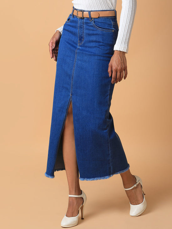 Women Solid Blue Straight Maxi Denim Skirt with Belt-LT-10689-Blue