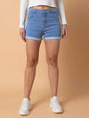 Women Solid Blue Denim Shorts-LT-S-264-Blue