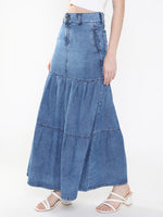 Women Solid Navy Blue Tiered Denim Skirt-LT-SO-102-Navyblue