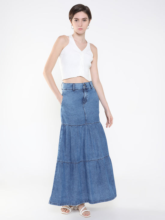 Women Solid Navy Blue Tiered Denim Skirt-LT-SO-102-Navyblue