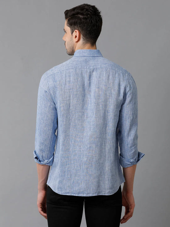 Mens Regular Fit Solid Blue Casual Linen Shirt-LUCAS-S