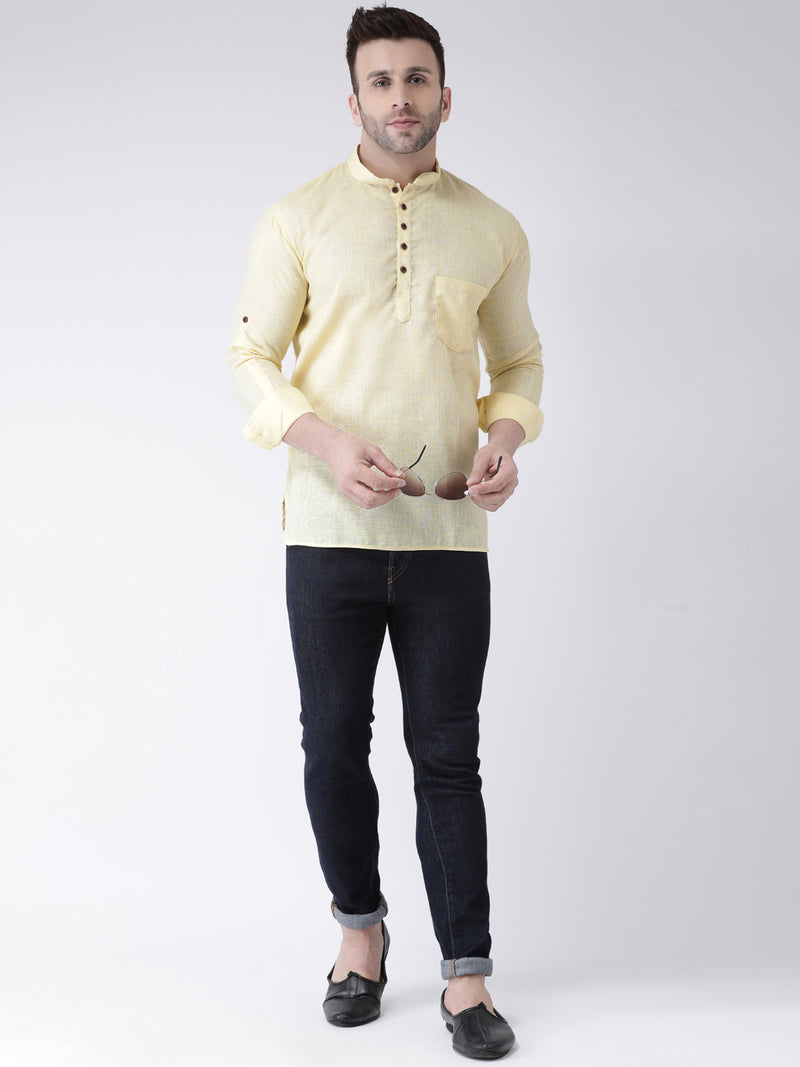 Hangup Men Slim Solid Men's Indian Wear-LemonShortKurta