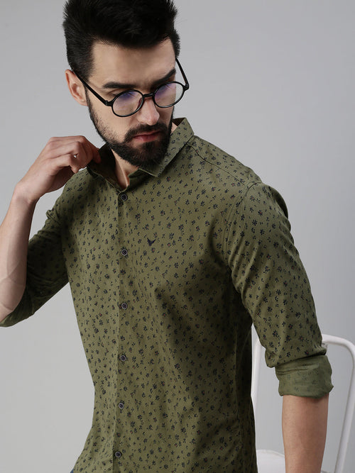 Men Spread Collar Printed Olive Shirt-Leonardprint-937-Olive