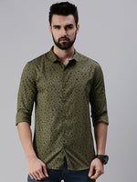 Men Spread Collar Printed Olive Shirt-Leonardprint-937-Olive