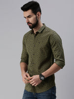 Men Spread Collar Printed Olive Shirt-Leonardprint-937-Olive