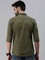 Men Spread Collar Printed Olive Shirt-Leonardprint-937-Olive