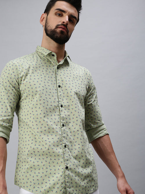 Men Spread Collar Printed Green Shirt-Leonardprint-950-Green