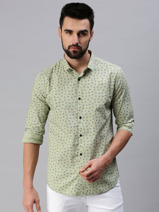 Men Spread Collar Printed Green Shirt-Leonardprint-950-Green