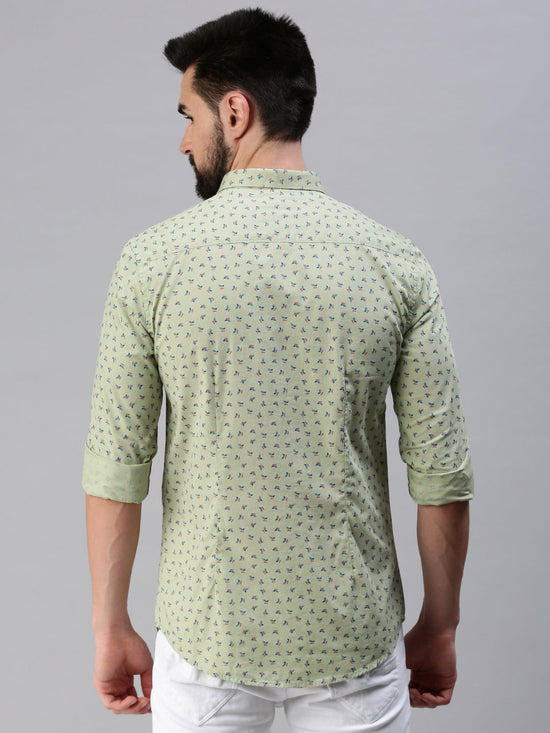 Men Spread Collar Printed Green Shirt-Leonardprint-950-Green