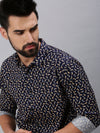 Men Spread Collar Printed Navy Blue Shirt-Leonardprint-953-Navyblue