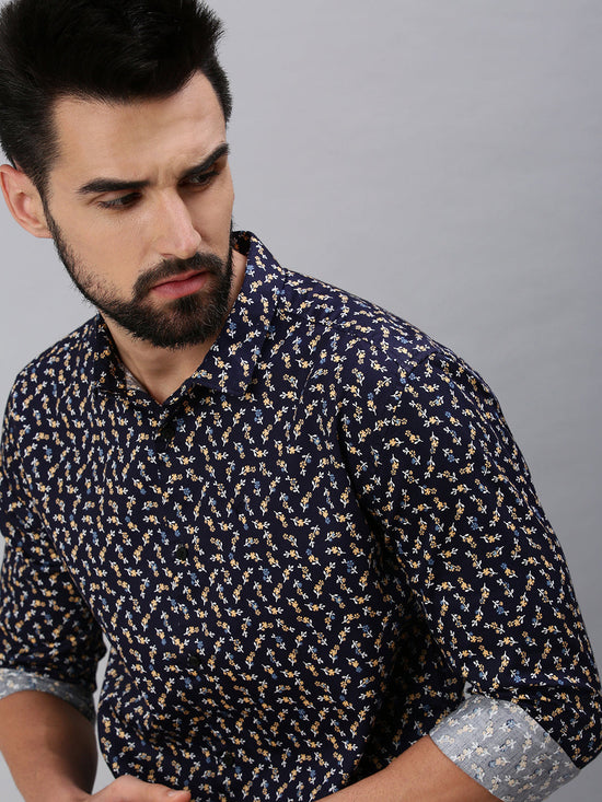 Men Spread Collar Printed Navy Blue Shirt-Leonardprint-953-Navyblue