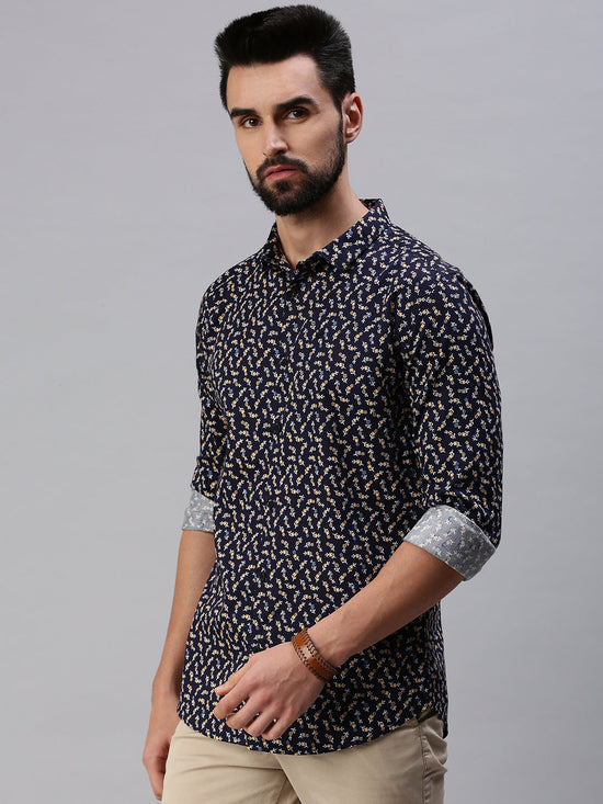 Men Spread Collar Printed Navy Blue Shirt-Leonardprint-953-Navyblue