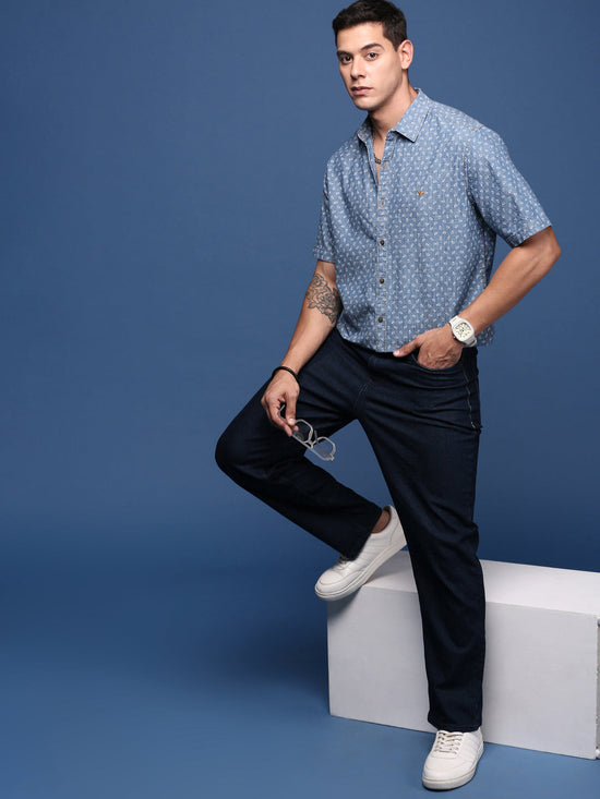 Men Ethnic Motifs Blue Slim Fit Shirt-Levi-2838-Blue