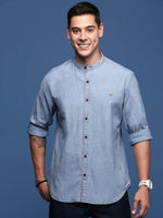 Men Mandarin Collar Solid Blue Slim Fit Shirt-Levi-2848-Blue