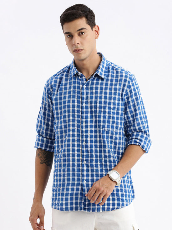 Men Spread Collar Checked Slim Fit Blue Shirt-Lewis-2530-Blue