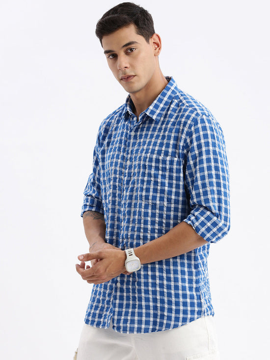 Men Spread Collar Checked Slim Fit Blue Shirt-Lewis-2530-Blue