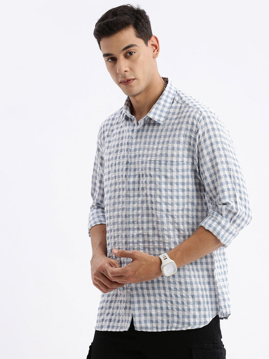 Men Spread Collar Checked Slim Fit Grey Shirt-Lewis-2531-Grey