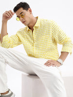 Men Spread Collar Checked Slim Fit Yellow Shirt-Lewis-2532-Yellow