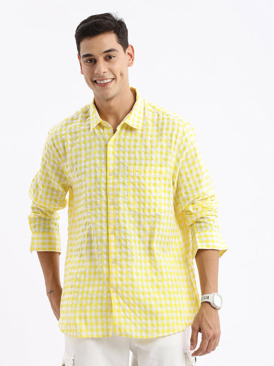 Men Spread Collar Checked Slim Fit Yellow Shirt-Lewis-2532-Yellow