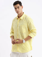 Men Spread Collar Checked Slim Fit Yellow Shirt-Lewis-2532-Yellow