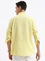 Men Spread Collar Checked Slim Fit Yellow Shirt-Lewis-2532-Yellow