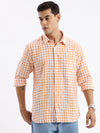 Men Spread Collar Checked Slim Fit Orange Shirt-Lewis-2534-Orange