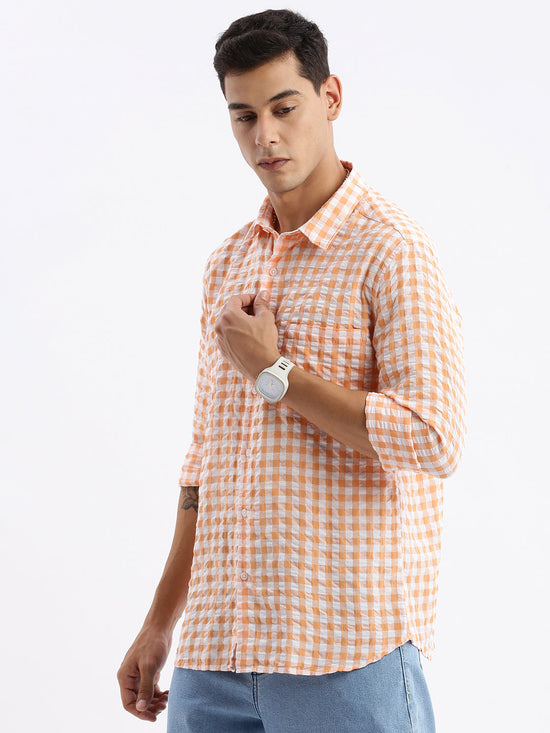 Men Spread Collar Checked Slim Fit Orange Shirt-Lewis-2534-Orange