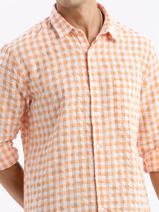 Men Spread Collar Checked Slim Fit Orange Shirt-Lewis-2534-Orange