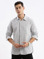 Men Spread Collar Striped Slim Fit Grey Shirt-Lewis-2535-Grey