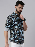 Men Spread Collar Printed Navy Blue Shirt-Lovisprint-1034-Navyblue