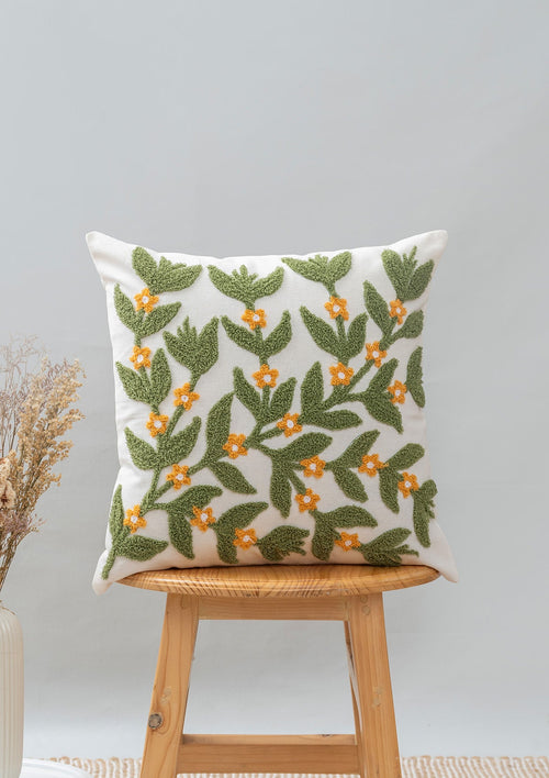 Lush 100% cotton embroidered floral cushion cover for sofa - Green-240454021