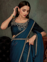 Saree Mall Women's Chiffon Teal Blue Embellished Celebrity Saree With Blouse Piece-MAHEK432C