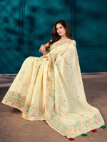 Saree Mall Women's Cotton Blend Yellow Woven Design Designer Saree With Blouse Piece-MAHIRA135401