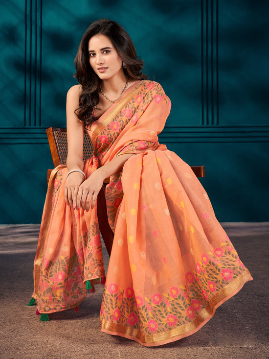 Saree Mall Women's Cotton Blend Peach Woven Design Designer Saree With Blouse Piece-MAHIRA135402