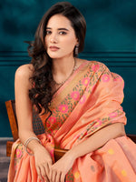 Saree Mall Women's Cotton Blend Peach Woven Design Designer Saree With Blouse Piece-MAHIRA135402