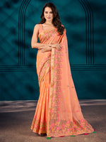 Saree Mall Women's Cotton Blend Peach Woven Design Designer Saree With Blouse Piece-MAHIRA135402