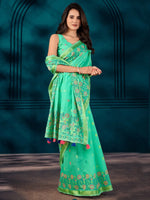 Saree Mall Women's Cotton Blend Turquoise Woven Design Designer Saree With Blouse Piece-MAHIRA135403